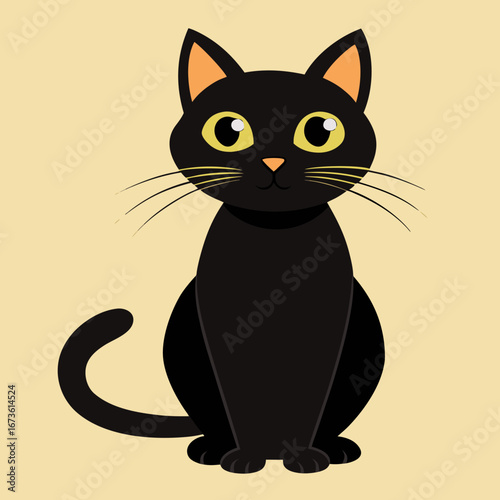 Cute cartoon black cat with big yellow eyes sitting and looking forward isolated on white background isolated on transparent background