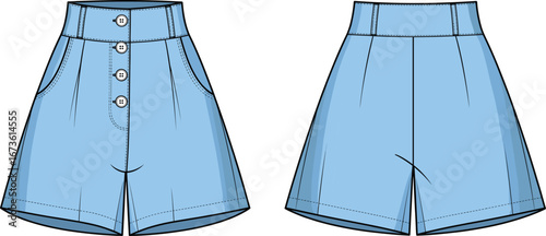 High waist button front shorts with pockets, stylish summer casual fashion design, front and back view, cad drawing flat vector illustration