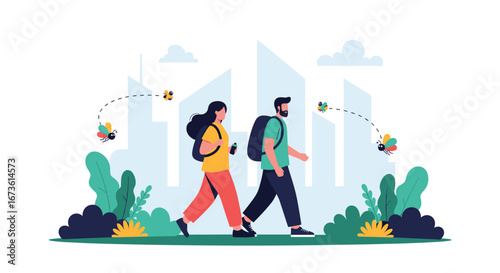 Couple walking through urban nature with whimsical butterflies, symbolizing mindful city living and connection.