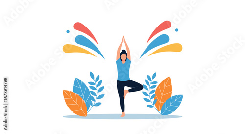 Serene woman achieving balance through yoga in a vibrant, nature-inspired setting
