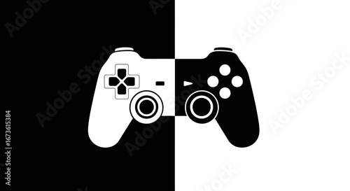 A minimalist graphic of a video game controller split into black and white halves, symbolizing duality in gaming.