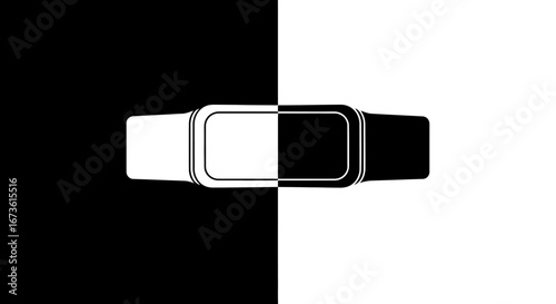 A minimalist graphic illustration of a smartwatch with a split black and white design creating a high-contrast, balanced composition.