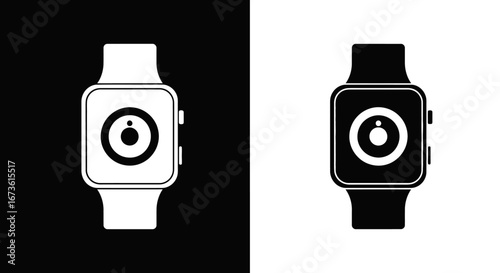 A black and white vector illustration of a smartwatch with a camera or eye icon on its display.