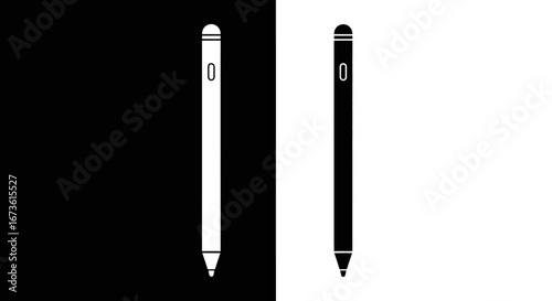 A minimalist black and white illustration of two digital stylus pens, one white on a black background and the other black on a white background.