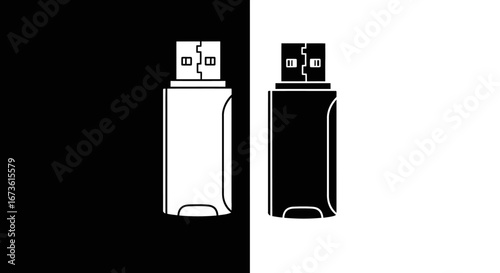 Minimalist illustration of two USB flash drives in a contrasting black and white design on a split background.