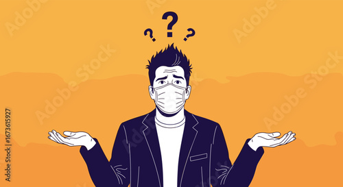 Confused businessman in mask shrugs shoulders with question marks above, seeking answers in uncertain times