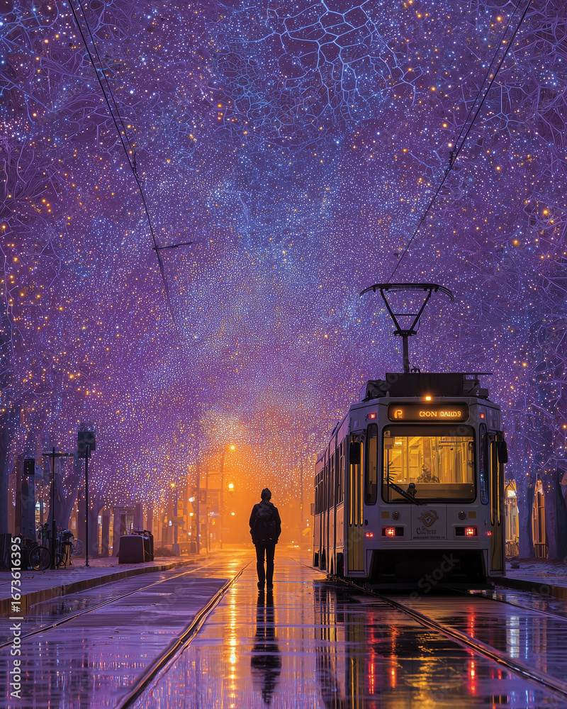 Obraz premium Man stands under a starry sky next to a tram