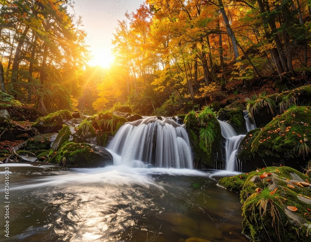 Obraz premium Autumn Cascade: Golden Light on Forest Stream