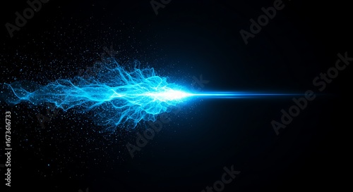 Abstract Digital Particle Stream of Blue Energy Bursting Forward into Darkness