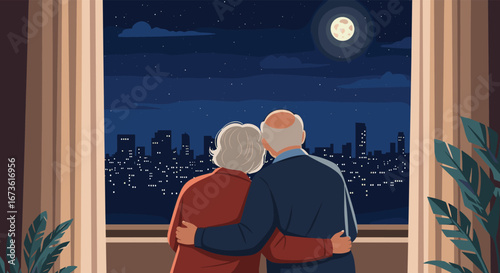 Elderly couple embracing, watching full moon over city skyline at night from balcony