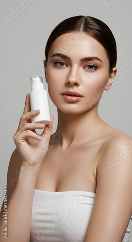 Beautiful Woman Holding Skincare Product, Beauty and Wellness