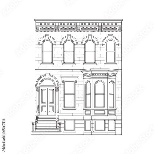 Classic Brownstone Townhouse Line Art. Architectural Vector Illustration of a City Building Facade for Coloring Page.
