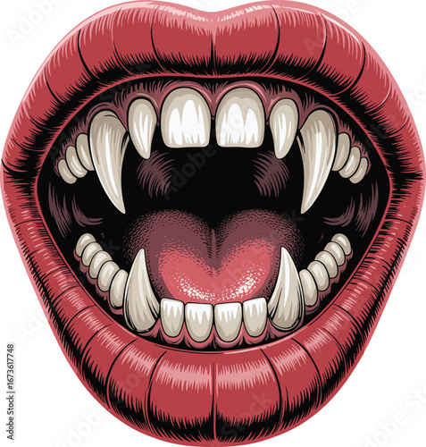Vampire mouth with fangs, scary open mouth, horror teeth illustration, vampire bite concept, monster lips, sharp tooth fantasy art