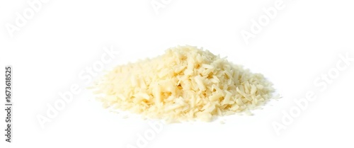 A small, isolated pile of finely shredded parmesan cheese against a pure white backdrop,  topping,  vegetarian
