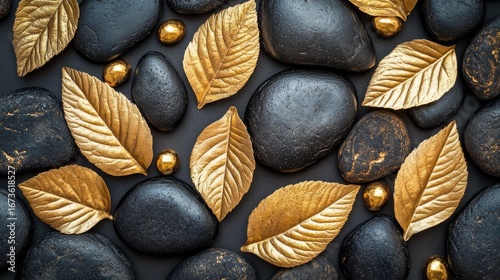 Black stones and golden leaves arranged on a dark surface.