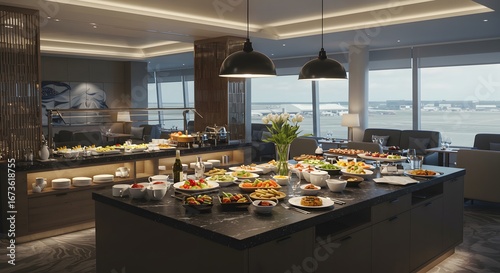 An elegant airport lounge featuring a lavish buffet spread of diverse dishes and fresh fruits, with a panoramic view of the bustling airfield outside.