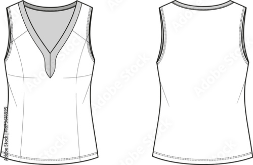 Women’s sleeveless top technical fashion flat sketch, stylish V-neck tank design, apparel CAD drawing, front and back vector illustration