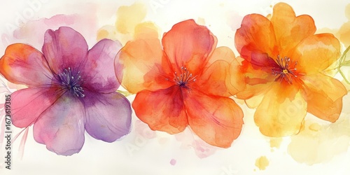 Wallpaper Mural Vibrant watercolor flowers: purple, orange, and yellow blooms on light background Torontodigital.ca