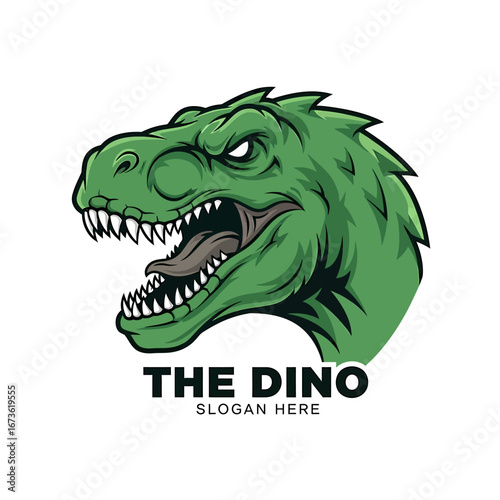 Green Tyrannosaurus Rex logo, aggressive expression,  "The Dino" text,  graphic design.