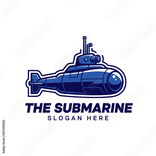 A modern blue submarine logo illustration with bold text and a slogan placeholder, isolated on a white background.