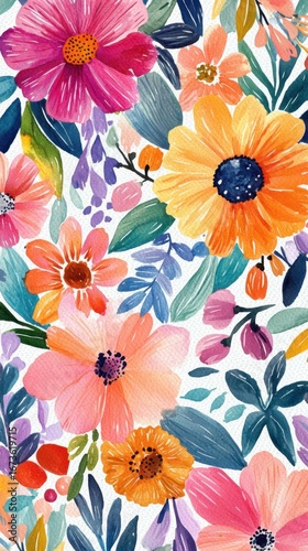 Vibrant watercolor floral pattern with colorful leaves and blossoms