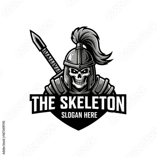 A fierce skeleton warrior wearing a plumed helmet and armor with a spear, designed as a monochrome mascot logo.