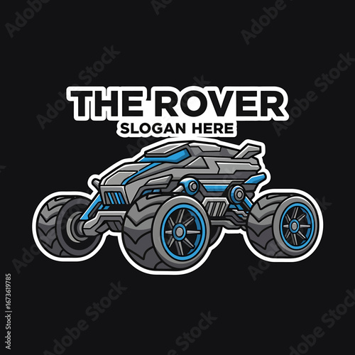 Cartoon illustration of a futuristic rover vehicle with large tires, set against a black background with white text above.