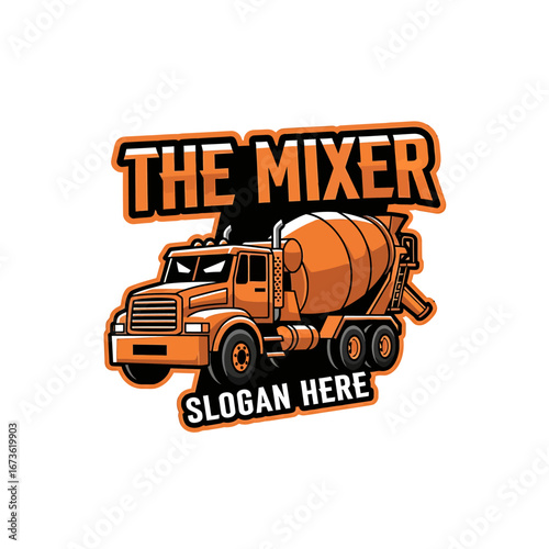 A stylized illustration of an orange cement mixer truck with bold "THE MIXER" text above and "SLOGAN HERE" below, set against a white background.