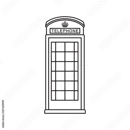 London Telephone Booth Line Art. Iconic British Phone Box Vector Outline for Coloring Page.
