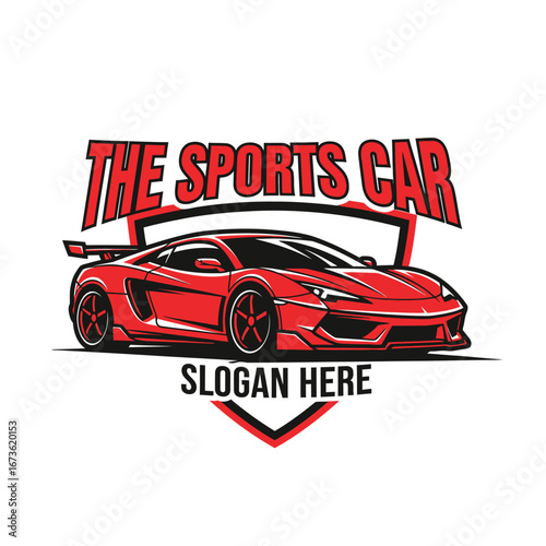 Red sports car logo design with shield graphic and slogan space.