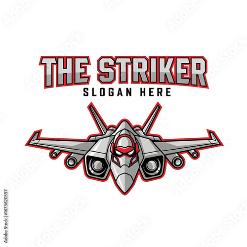 Cartoon fighter jet logo, featuring a stylized warplane, with text "The Striker".
