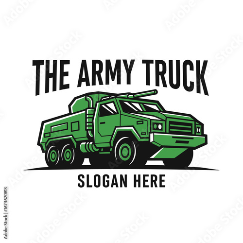 A green armored army truck with a turret, featured in a bold logo design with placeholder text.
