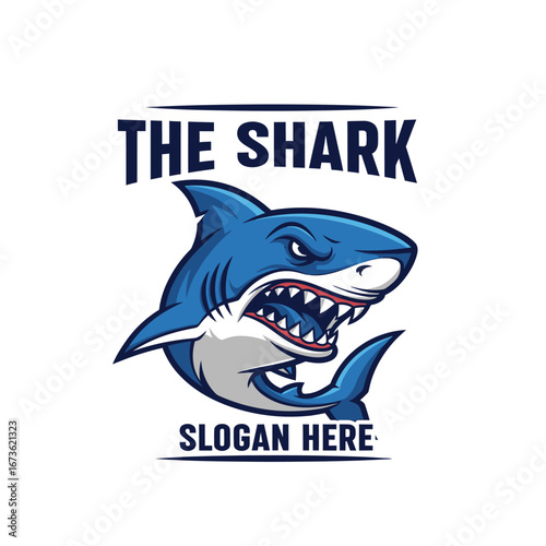 Fierce blue shark with bared teeth and the text "THE SHARK" and "SLOGAN HERE" above and below, presented as a logo.