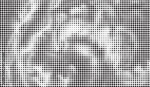 A halftone pattern with gradients of black dots on a white background creates a dynamic abstract texture and visually engaging geometric design with a modern feel