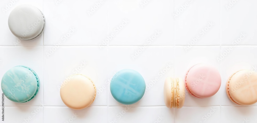 Obraz premium Pastel-colored French macarons arranged on a pristine white tile surface, delicious, french macaron
