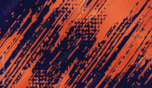 Dynamic orange brush strokes with halftone effect on a dark blue background creates a bold, modern texture perfect for adding a unique visual flair to graphic projects
