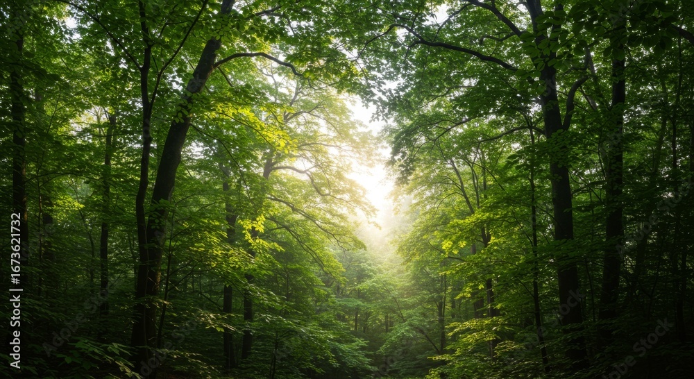 Obraz premium Sunlit Forest Path: Green Canopy And Sunlight Beams