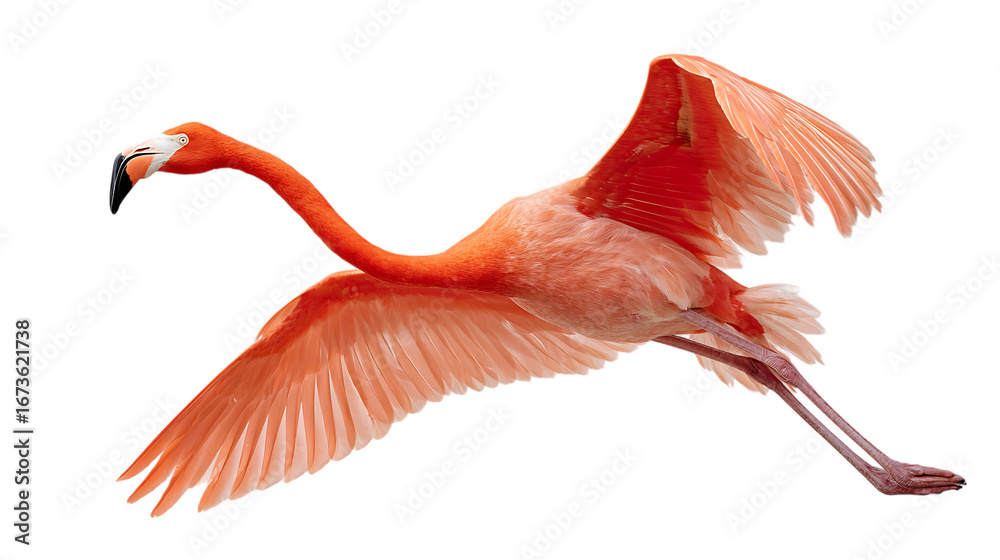 Fototapeta premium Pink flamingo soaring with outstretched wings, isolated