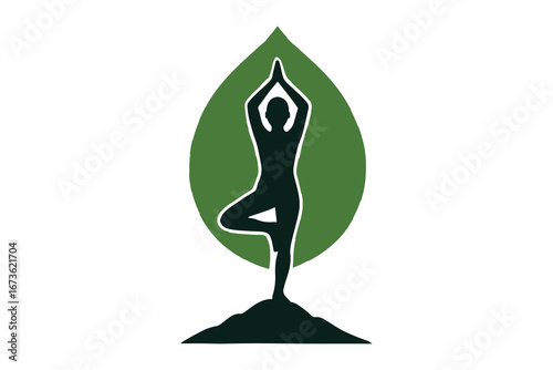 Silhouette of a Person in Tree Pose Yoga Position Against a Green Leaf Illustrating Harmony of Nature and Wellness