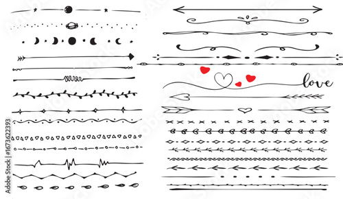 Monochrome illustration showcases assorted hand-drawn dividers and borders, with arrow, heart, love and celestial elements in a simple, elegant, and modern design aesthetic