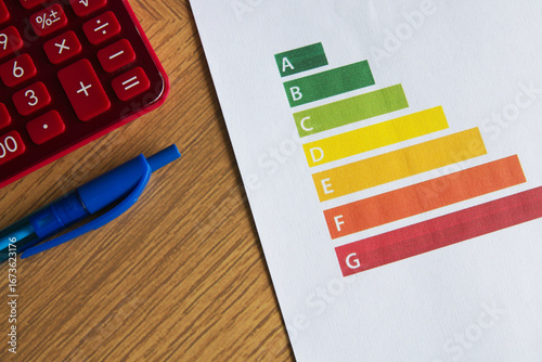 Sheet of paper with energy certification scale on the table