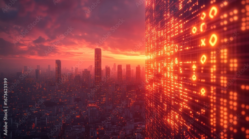 Naklejka premium Cityscape sunset; data wall; futuristic code