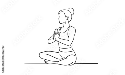 Woman sitting in yoga pose with palms folded at chest level, continuous line art isolated on white background. Relax line art drawing. Chakra outline. Vector illustration	