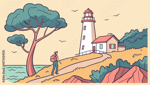 White lighthouse tower standing on the sandy beach against the blue ocean and sky, a beacon for navigation along the coastline