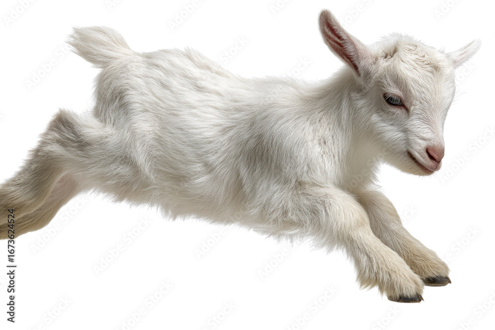 Fototapeta premium Adorable white baby goat mid-leap, isolated on a transparent background. background removed