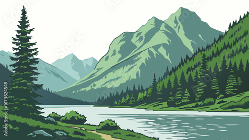 Mountain lake surrounded by forest and peaks reflecting sky and clouds