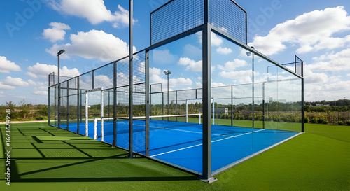 Modern padel court enclosed by glass and metal fencing under a partly cloudy sky.