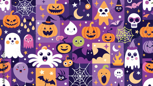 Various Halloween seamless patterns showcasing spooky motifs like witches, skulls, and cobwebs in a playful design..eps