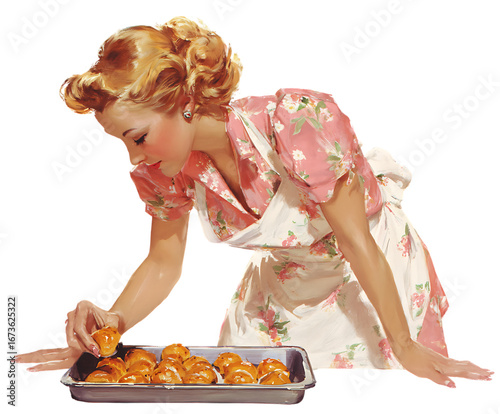 Vintage woman baking, adding a touch of love to golden pastries.