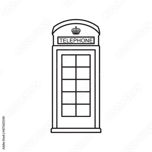 London Telephone Booth Line Art. Iconic British Phone Box Vector Outline for Coloring Page.
